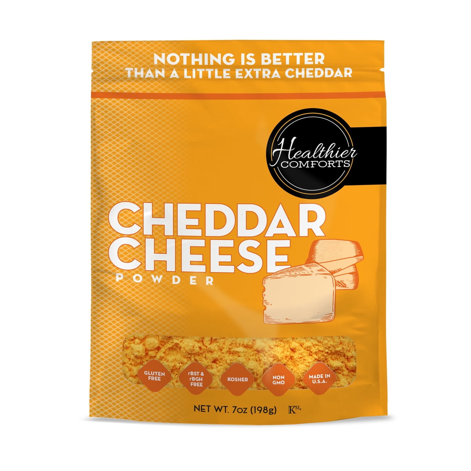Healthier Comforts Cheddar Cheese Powder 7oz | Premium Yellow Cheddar | Batch Tested Gluten Free, Kosher, No Artificial Dyes | Cheesy Goodness for Popcorn, Pasta, Mac and Cheese | Shelf Stable
