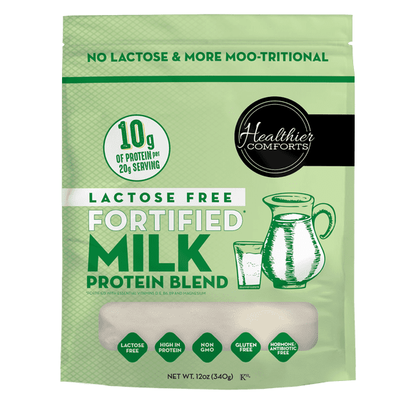 Healthier Comforts Lactose Free Fortified Milk Protein Blend (12oz) | Fortified with B, D, E Vitamins | High Protein, Non-GMO, rBST Hormone Free, Kosher, Gluten Free | Baking, Coffee Creamer, Shakes