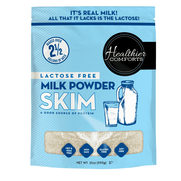 Healthier Comforts Lactose Free Skim Milk Powder 21oz | High Protein, Fat Free, Non-GMO, Kosher, Gluten Free, No Fillers | Baking, Coffee Creamer, Shakes