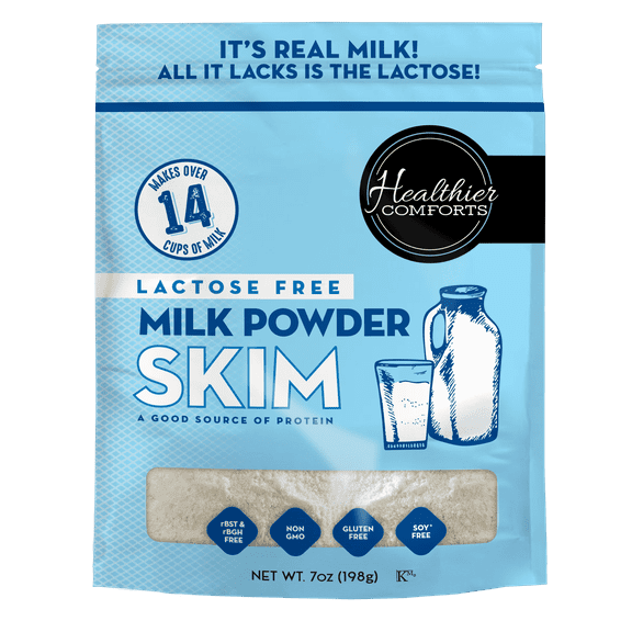 Healthier Comforts Lactose Free Skim Milk Powder 7oz | High Protein, Fat Free, Non-GMO, Kosher, Gluten Free, No Fillers | Baking, Coffee Creamer, Shakes