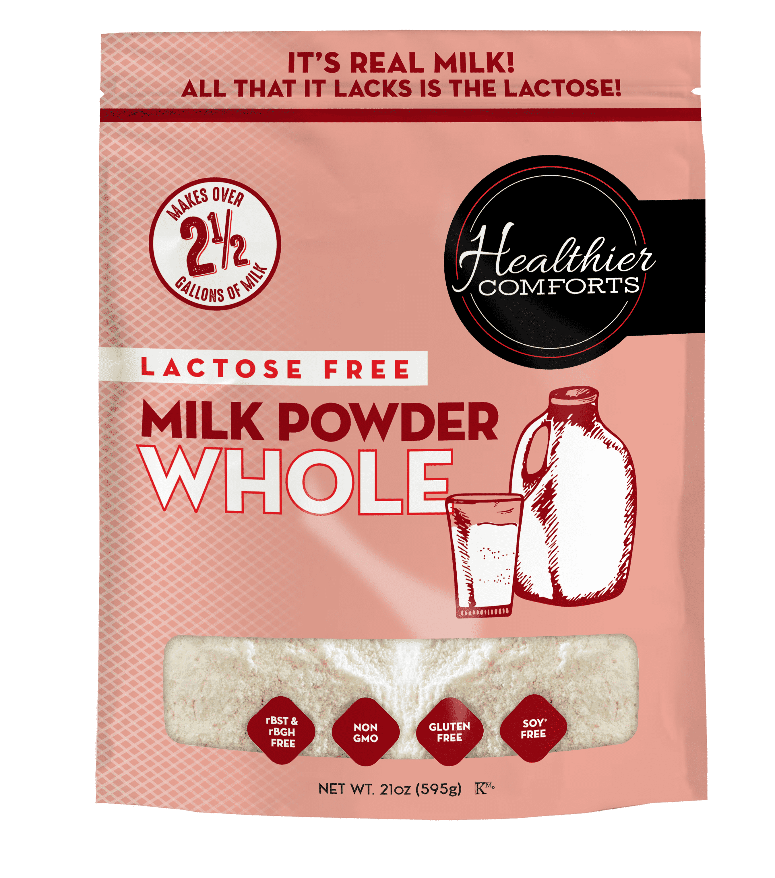 Healthier Comforts Lactose Free Whole Milk Powder 21oz | Non-GMO, rBST Hormone Free, Kosher, Gluten Free, No Fillers | Baking, Coffee Creamer, Shakes, Pantry Staple, Camping