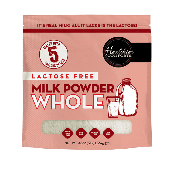 Healthier Comforts Lactose Free Whole Milk Powder 48oz | Non-GMO, rBST Hormone Free, Kosher, Gluten Free, No Fillers | Baking, Coffee Creamer, Shakes, Pantry Staple, Camping