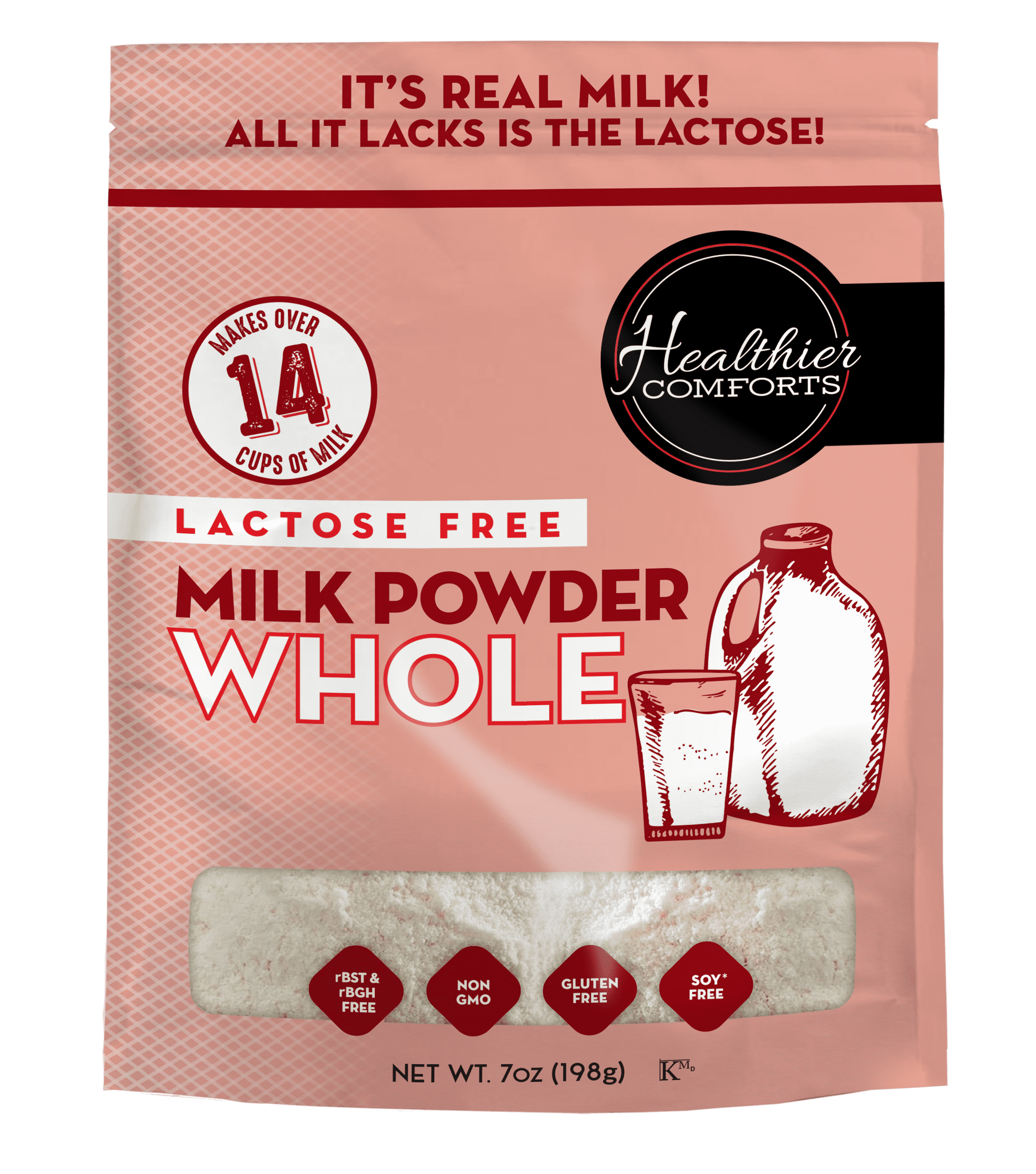 Healthier Comforts Lactose Free Whole Milk Powder 7oz | Non-GMO, rBST Hormone Free, Kosher, Gluten Free, No Fillers | Baking, Coffee Creamer, Shakes, Pantry Staple, Camping
