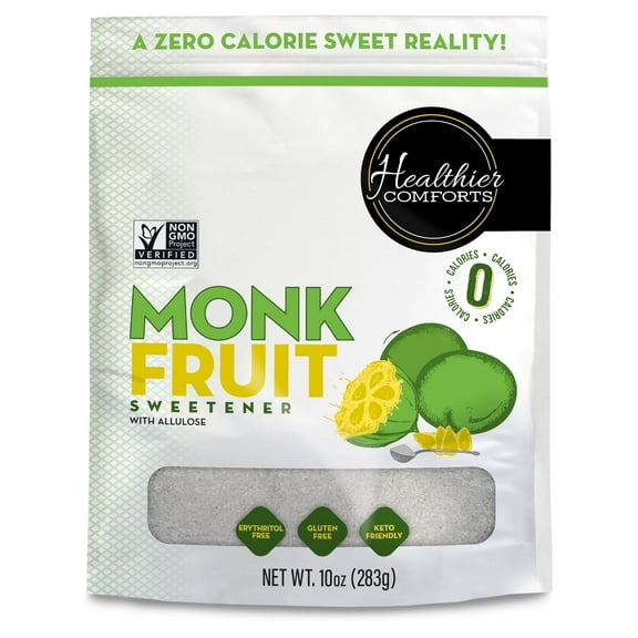 Healthier Comforts Monk Fruit Sweetener with Allulose (No Erythritol) 10oz | All Natural Sugar Substitute | Zero Calorie 1:1 White Sugar Replacement | No Aftertaste, Keto, Non-GMO, Gluten Free, Vegan