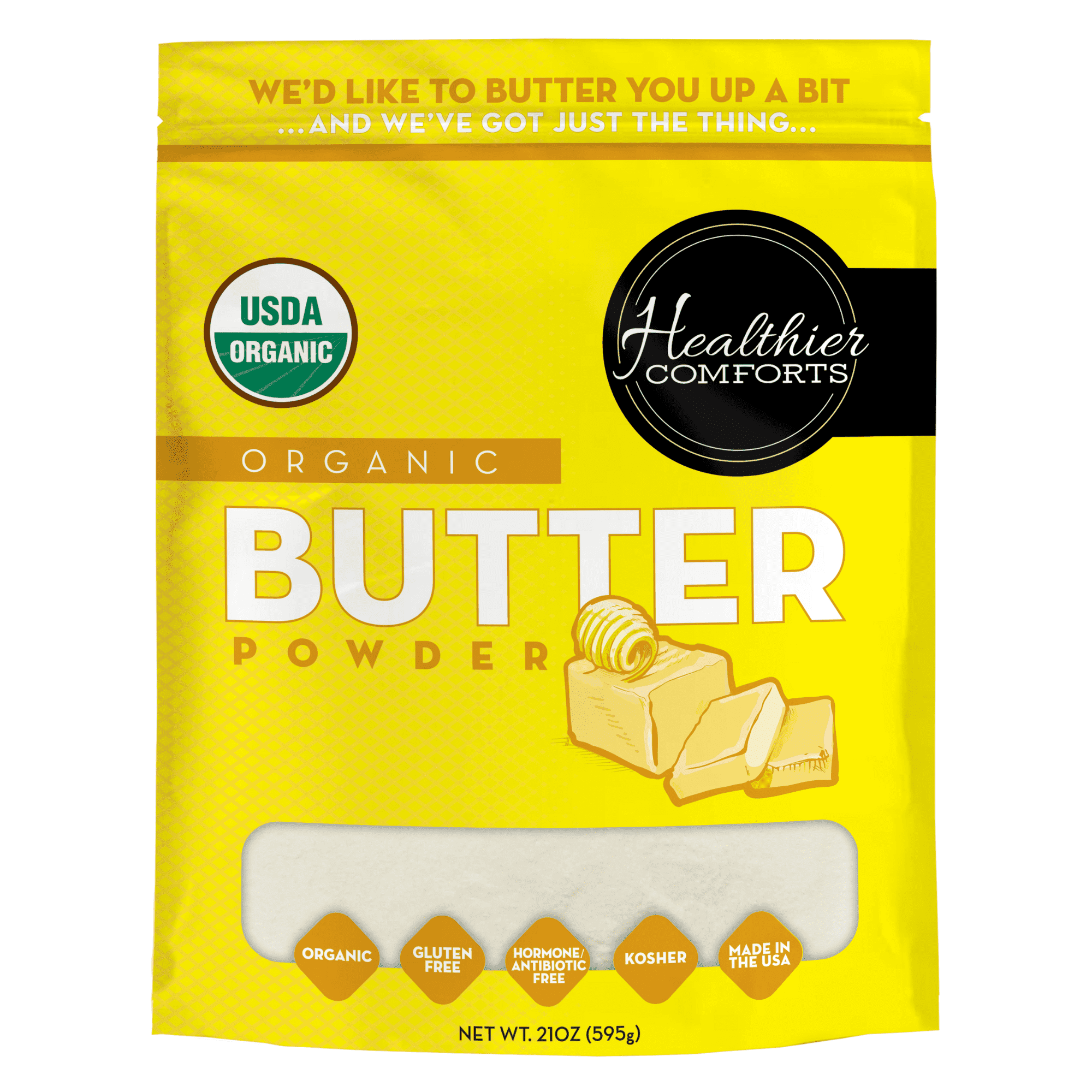 Healthier Comforts Organic Butter Powder 21oz | USDA Certified Organic Dehydrated Unsalted Butter | Kosher, Gluten Free, Non-GMO | Popcorn, Baking, Seasoning