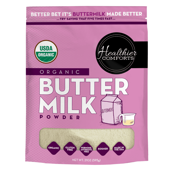 Healthier Comforts Organic Buttermilk Powder 21oz | USDA Certified, Kosher, Gluten Free, Non-GMO | Baking Supplies, Biscuits & Gravy, Mini Pancakes