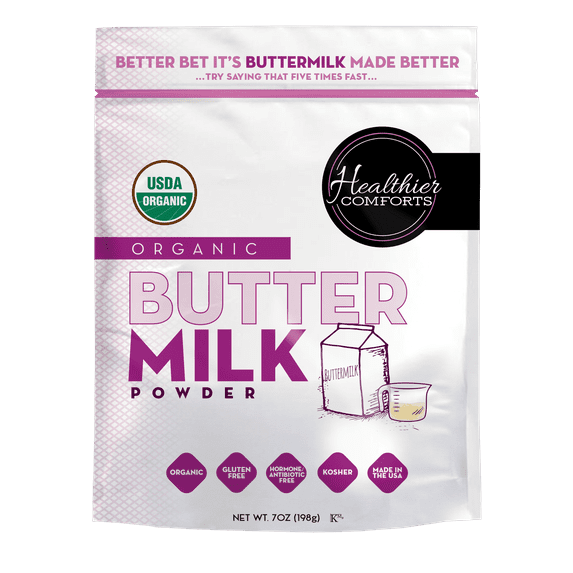 Healthier Comforts Organic Buttermilk Powder 7oz | USDA Certified, Kosher, Gluten Free, Non-GMO | Baking Supplies, Biscuits & Gravy, Mini Pancakes