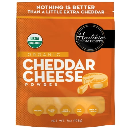 Healthier Comforts Organic Cheddar Cheese Powder 7oz | Gluten Free, Keto-Friendly, Non-GMO, Antibiotic & Hormone Free | Perfect for Popcorn Seasoning, Mac and Cheese, Pasta & Sauces