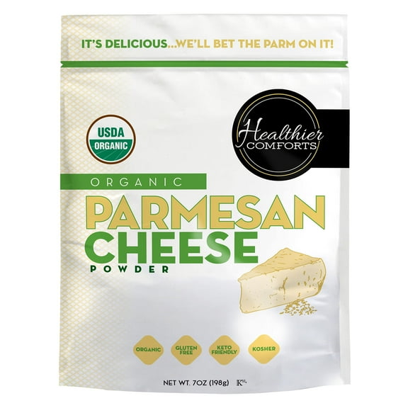 Healthier Comforts Organic Parmesan DEF29 Cheese Powder, Kosher, Gluten Keto Friendly, From Cows Raised Free of Antibiotics or Hormones (rBGH or rBST) (7 Ounce (Pack of 1), Organic Parmesan)