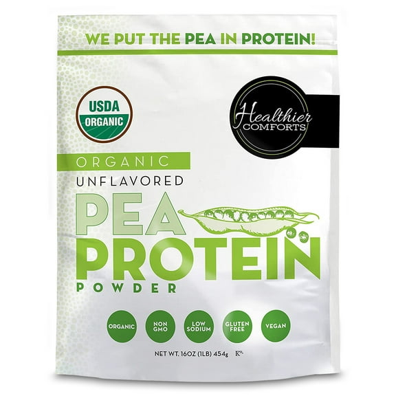 Healthier Comforts Organic Pea Protein Powder 32oz | Low Sodium, 100% Plant Based Protein Powder | Kosher, Gluten Free, Non-GMO, Keto Friendly | Unflavored Protein