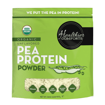 Healthier Comforts Organic Pea Protein Powder 32oz | Low Sodium, 100% Plant Based Protein Powder | Kosher, Gluten Free, Non-GMO, Keto Friendly | Unflavored Protein