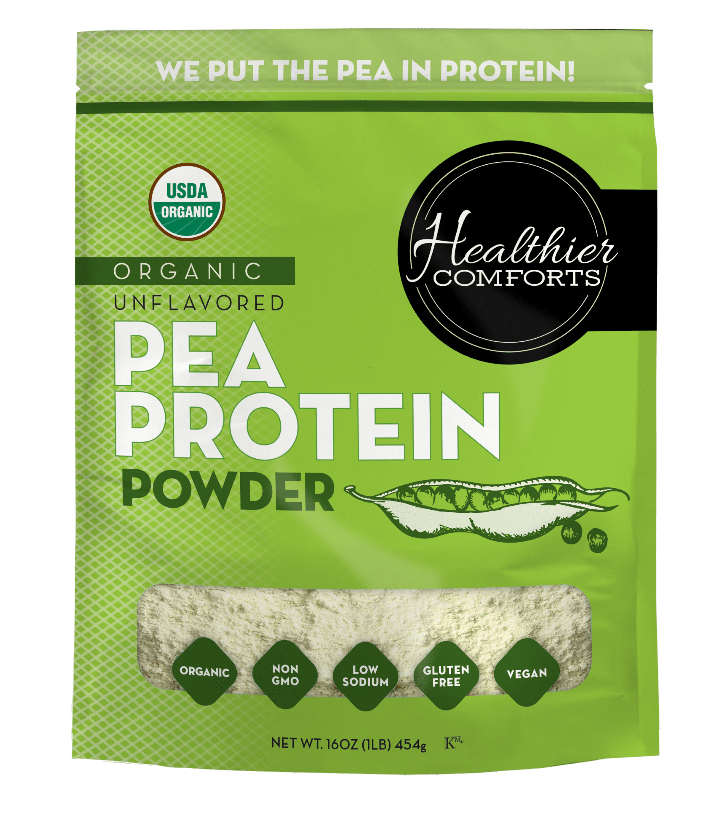 Healthier Comforts Organic Pea Protein Powder 16oz | Low Sodium, 100% Plant Based Protein Powder | Kosher, Gluten Free, Non-GMO, Keto Friendly | Unflavored Protein