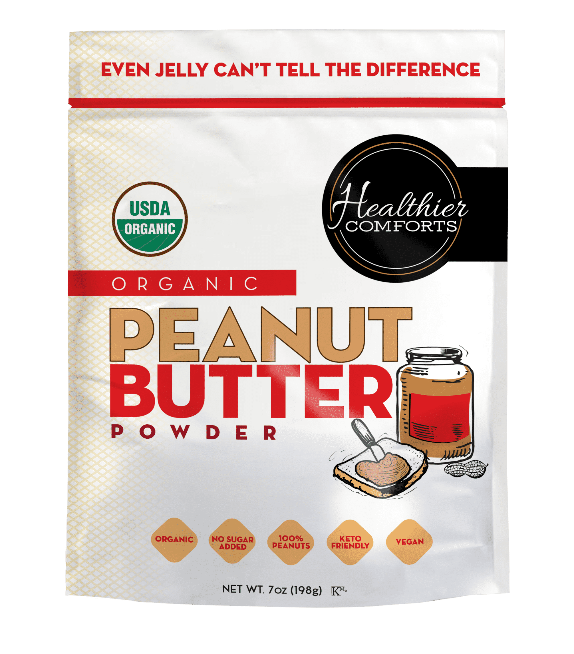 Healthier Comforts Organic Peanut Butter Powder 7oz  | 100% Peanuts, Gluten Free, Vegan, Kosher, Keto-Friendly | No Added Sugars, Low Sodium | Perfect For Protein Powder Shakes