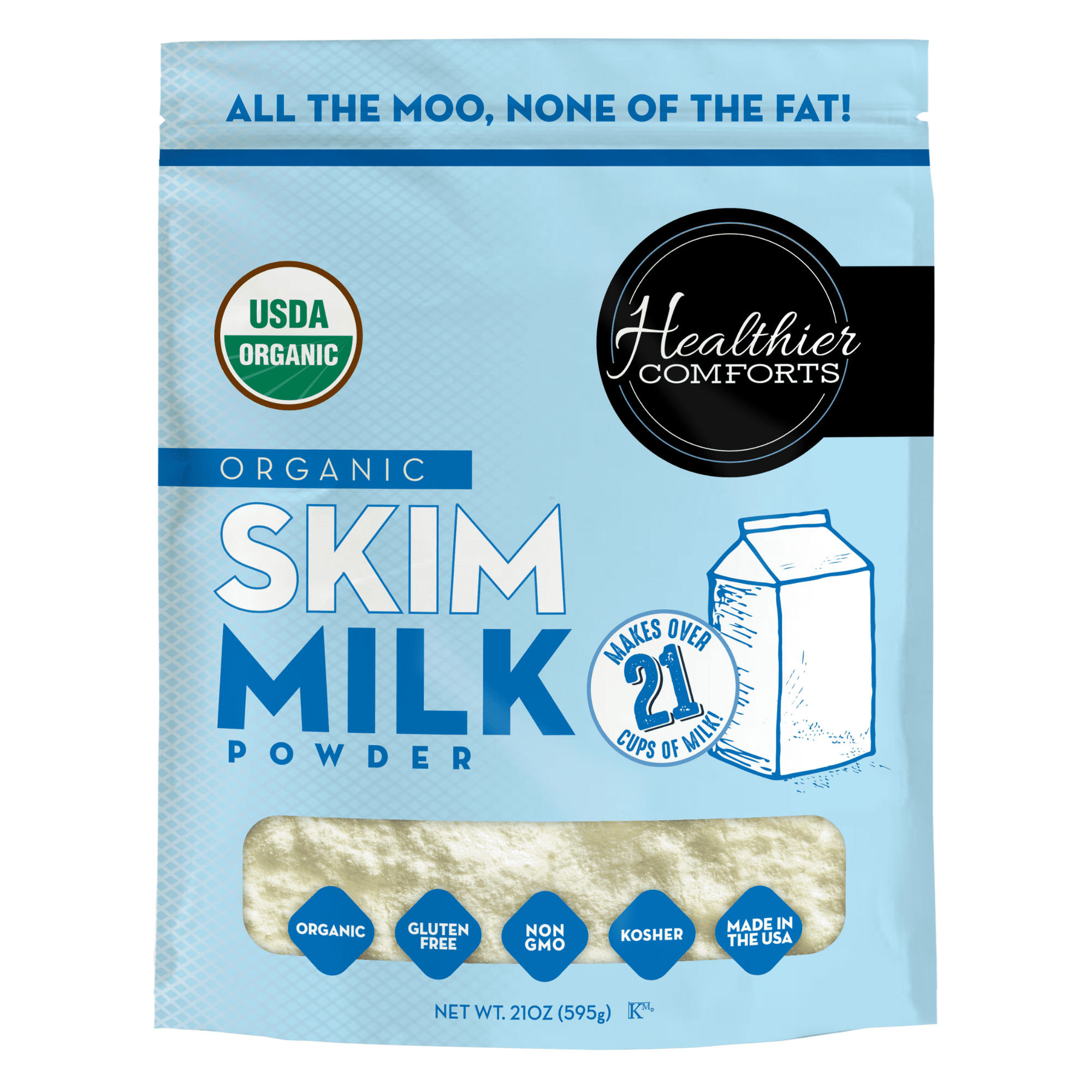 Healthier Comforts Organic Skim Milk Powder 21oz | Certified USDA Organic | Fat Free, Kosher, Gluten Free, Non-GMO, Shelf Stable | Perfect for Shakes, Smoothies, Coffee Creamer, Baking | Made in USA