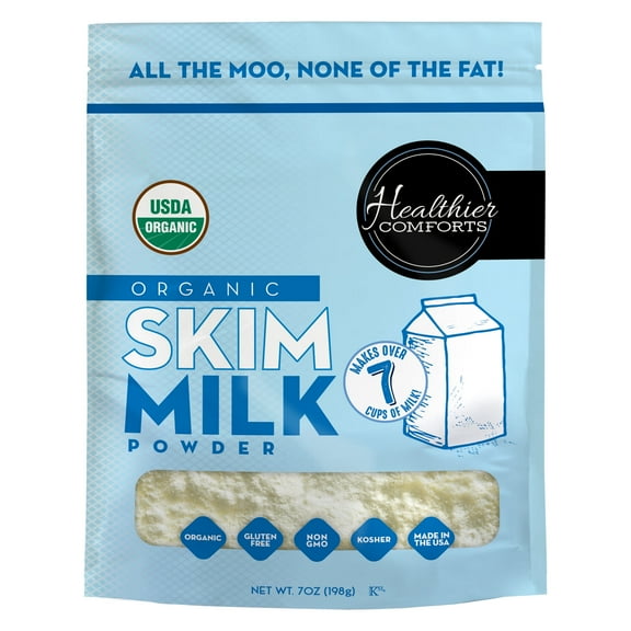 Healthier Comforts Organic Skim Milk Powder 7oz | Certified USDA Organic | Fat Free, Kosher, Gluten Free, Non-GMO, Shelf Stable | Perfect for Shakes, Smoothies, Coffee Creamer, Baking | Made in USA
