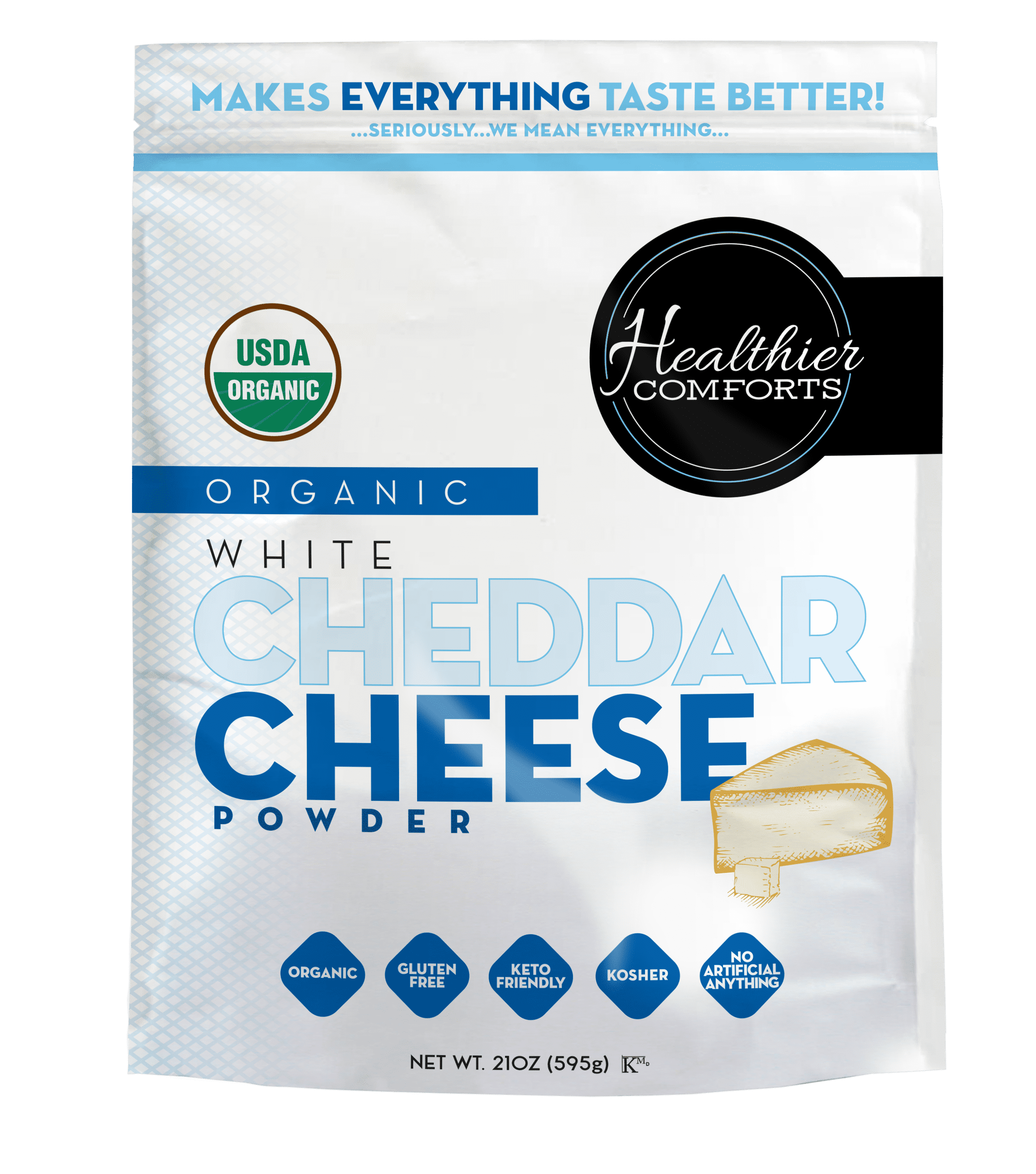Healthier Comforts Organic White Cheddar Cheese Powder 21oz | Gluten Free, Kosher, Keto-Friendly, Non-GMO, Antibiotic & Hormone Free | Popcorn Seasoning, Mac and Cheese, Pasta & Sauces