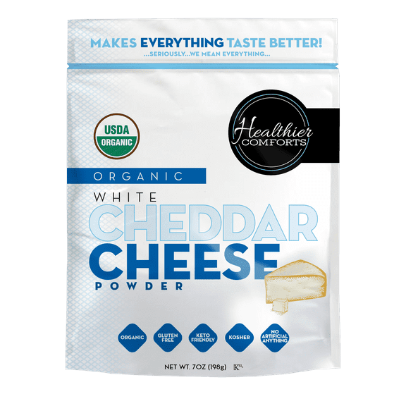 Healthier Comforts Organic White Cheddar Cheese Powder 7oz | Gluten Free, Kosher, Keto-Friendly, Non-GMO, Antibiotic & Hormone Free | Popcorn Seasoning, Mac and Cheese, Pasta & Sauces