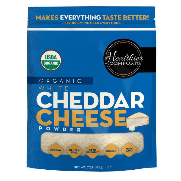 Healthier Comforts Organic White Cheddar Cheese Powder 7oz | Gluten Free, Kosher, Keto-Friendly, Non-GMO, Antibiotic & Hormone Free | Popcorn Seasoning, Mac and Cheese, Pasta & Sauces