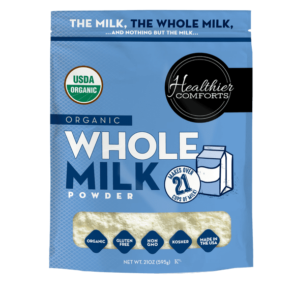 Healthier Comforts Organic Whole Milk Powder 21oz | Certified USDA Organic | Kosher, Gluten Free, Non-GMO Dry Powder Whole Milk | Dried Milk w/Resealable Packaging, Shelf Stable Milk