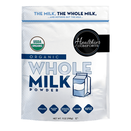 Healthier Comforts Organic Whole Milk Powder 7oz | Certified USDA Organic | Kosher, Gluten Free, Non-GMO Dry Powder Whole Milk | Dried Milk w/Resealable Packaging, Shelf Stable