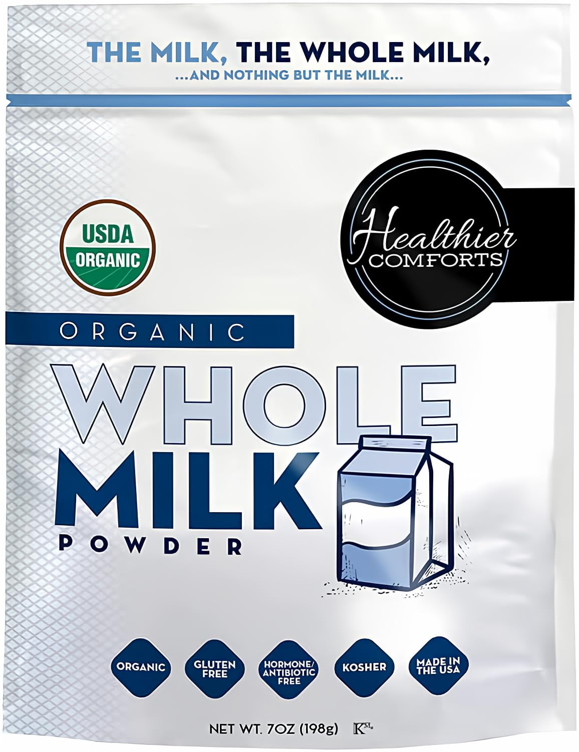 Healthier Comforts SCH4Whole Milk Powder | Certified USDA Powdered Milk | Kosher, Gluten Free, Non-GMO Dry Milk Powder Whole Milk | Dried Milk w/ Resealable Packaging, Shelf Stable Milk 7oz