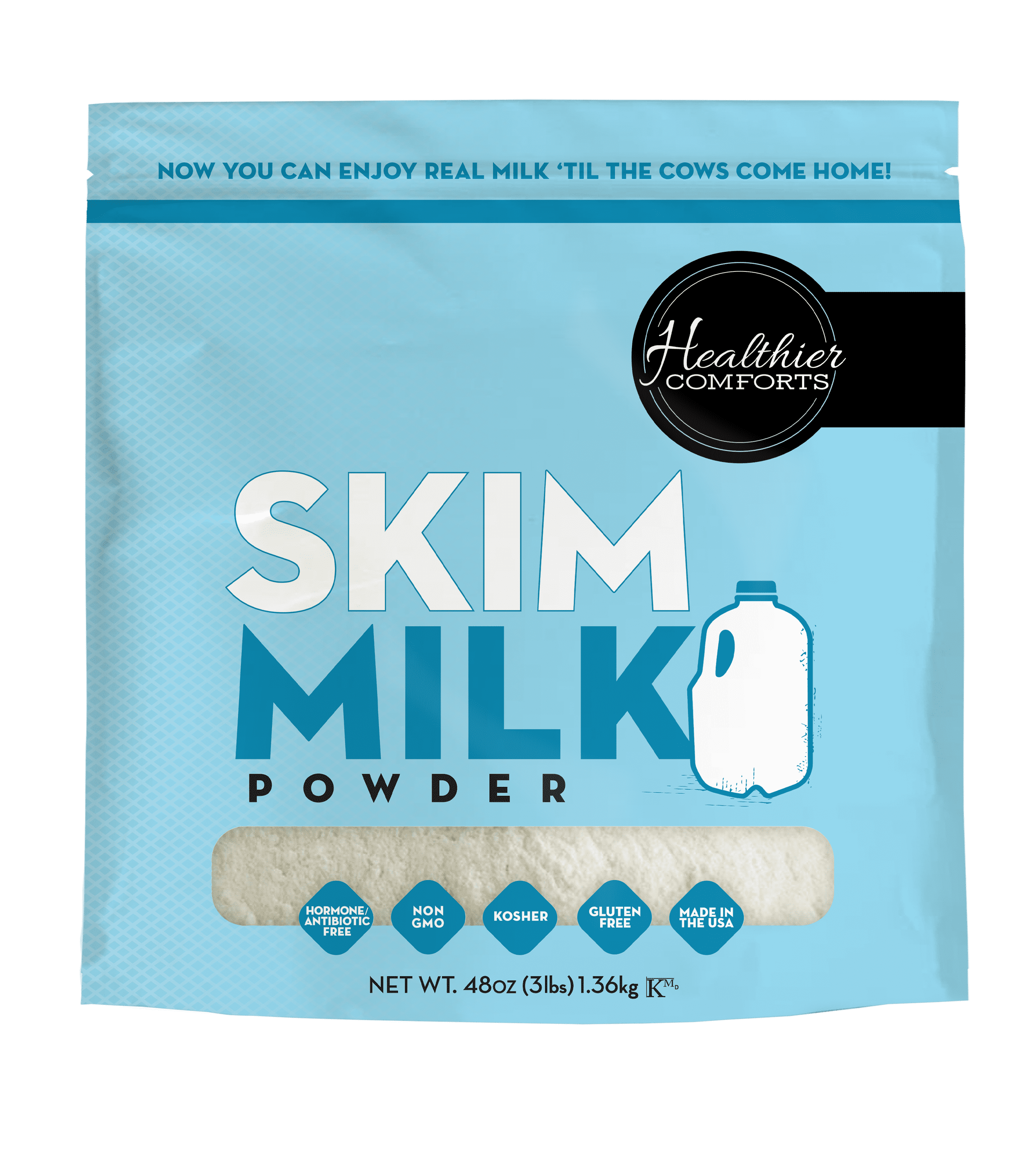 Healthier Comforts Skim Milk Powder 48oz | Fat Free, Shelf Stable | Kosher, Gluten Free, Non-GMO, Hormone and Antibiotic Free | Perfect for Shakes, Smoothies, Coffee Creamer, Baking | Made in USA
