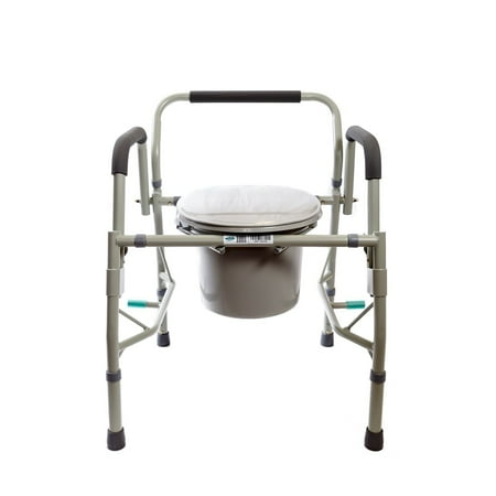 Healthline Deluxe 3 in 1 Bedside Commode, Toilet Safety Frame, Elevated Toilet Seat. Medical Steel Drop Arm Bedside Commode Chair Toilet Seat With Commode Bucket and Splash Guard, Gray