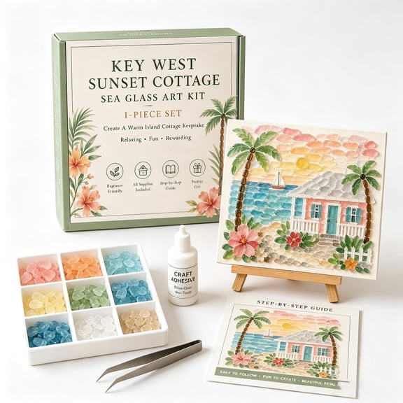 Healthloop Key West Sunset Cottage Sea Glass Art Kit, DIY Mosaic Craft Set with Colorful Glass Stones for Adults Gift