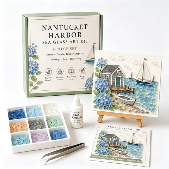 Healthloop Nantucket Harbor Sea Glass Art Kit, DIY Mosaic Craft Set with Colorful Glass Stones for Adults Gift