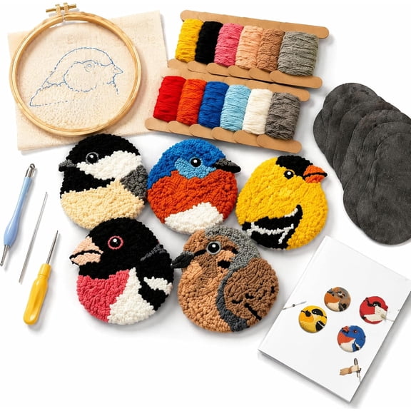 Healthloop Punch Needle Coaster Kit, 6-Pack Woodland Birds Embroidery Set for Beginners Adults