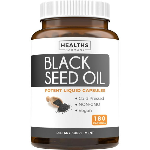 Healths Harmony Black Seed Oil Supplement, Cold Pressed Black Cumin Seed Oil, 180 Capsules