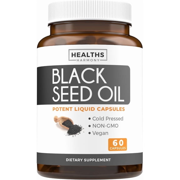 Healths Harmony Black Seed Oil Supplement, Cold Pressed Black Cumin Seed Oil, 60 Capsules