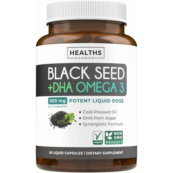 Healths Harmony Cold-Pressed Black Seed Oil Capsules with Omega 3 DHA, 60 Count