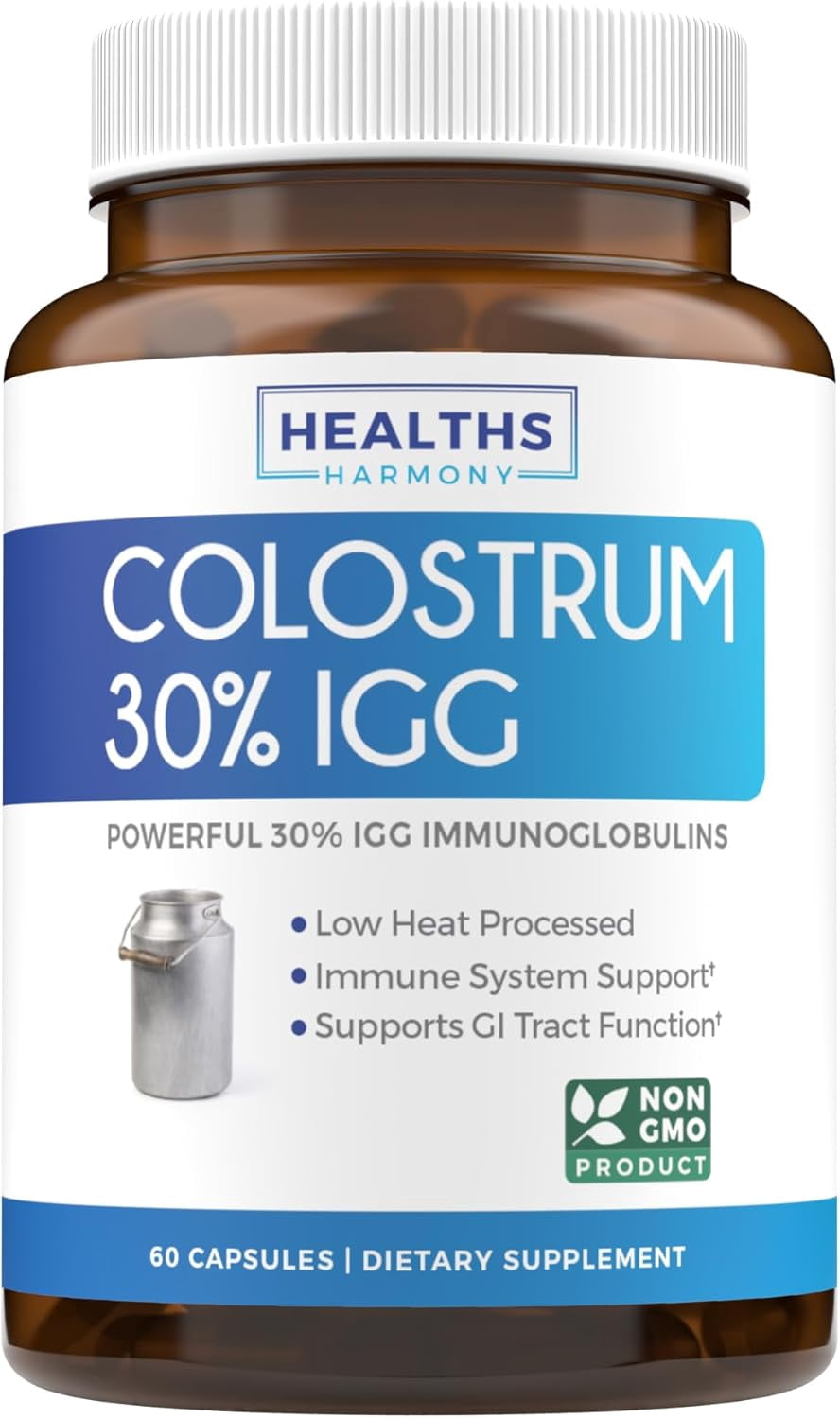 Healths Harmony Colostrum 1000mg (Non-GMO) 30% IgG Immunoglobulins - Immune System Support, Gut Health and Respiratory Health Supplement - Low Heat Processed Bovine Colostrum - 60 Capsules