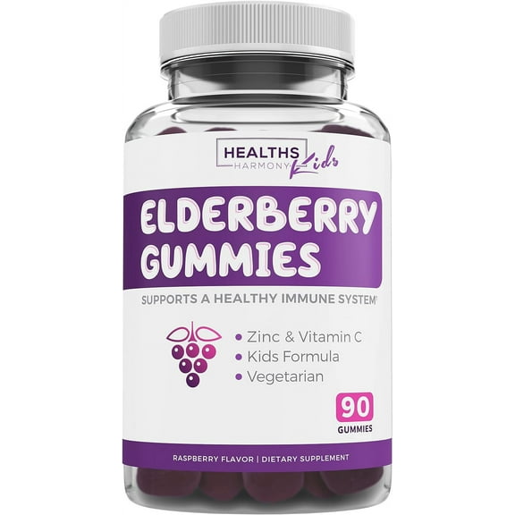 Healths Harmony Elderberry Gummies for Kids, Immune Support Supplement with Vitamin C & Zinc, 90 Count