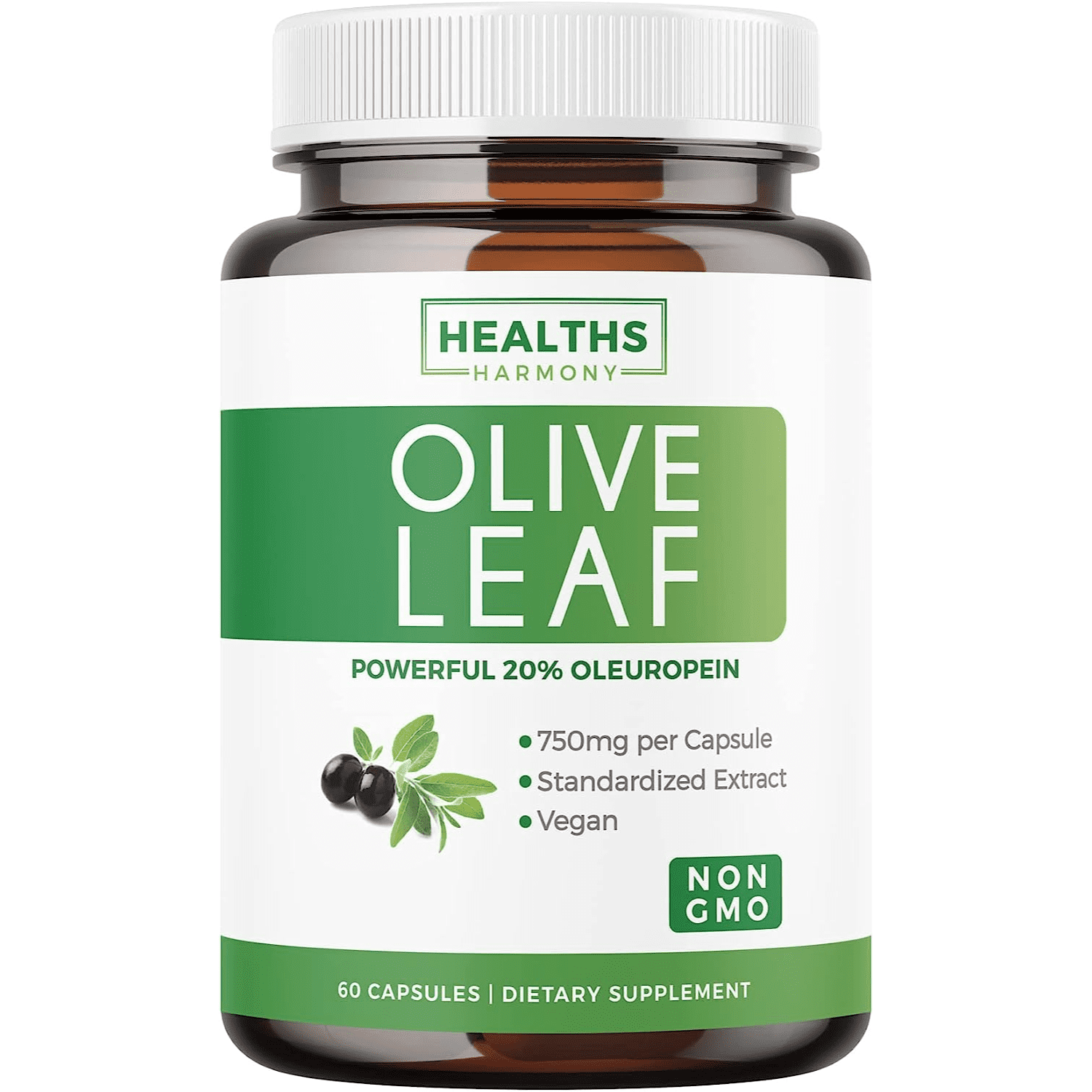Healths Harmony Olive Leaf Extract Supplement (NONGMO) 20 Oleuropein 750mg Vegetarian