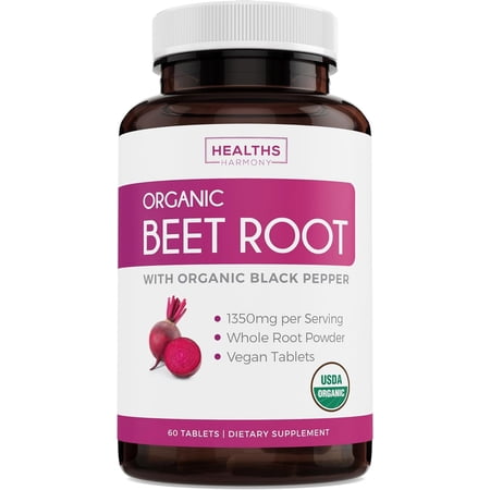 Healths Harmony Organic Beet Root Powder with Black Pepper, 1350mg Beets Per Serving, 60 Tablets