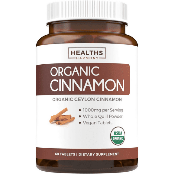 Healths Harmony 1000mg Organic Ceylon Cinnamon Supplement, Vegan Cinnamon Powder, 60 Tablets