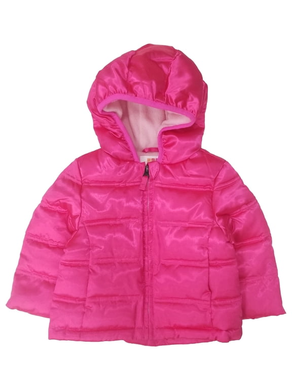 Infant Girls Hot Pink Shiny Ribbed Snow Coat Hood Baby Ski Jacket 12m