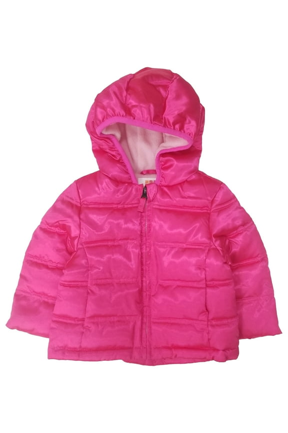Infant Girls Hot Pink Shiny Ribbed Snow Coat Hood Baby Ski Jacket 12m