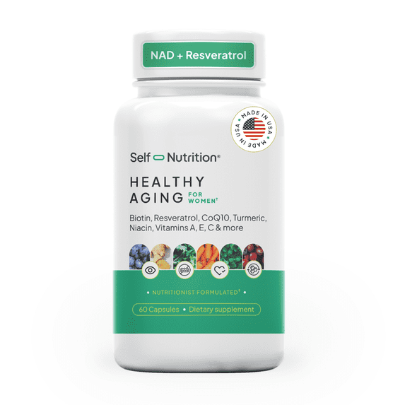 Self Nutrition Healthy Aging Supplement for Women with NAD+ Booster, Resveratrol, Hyaluronic Acid & More - Promotes Beauty with 12 Ingredients.
