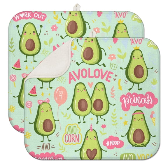 Healthy Avocado Print Kitchen Drying Mats 2 Pack - Absorbent Microfiber Dish Mat, Reusable & Heat Resistant Sink Drying Pad