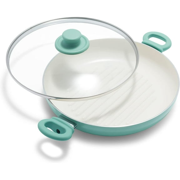 Healthy Ceramic Nonstick Grill Pan with 2 Handles and Lid, PFAS-Free, Rivetless Interior, Grill Ridges, Dishwasher Safe, Oven Safe, Turquoise