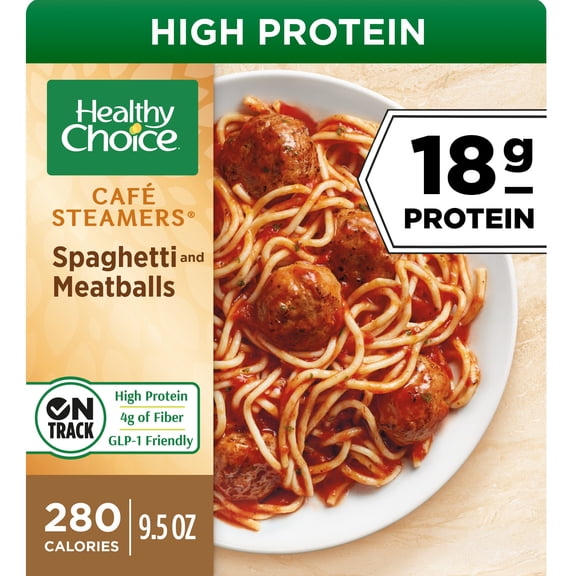 Healthy Choice Cafe Steamers Spaghetti & Meatballs, High Protein Frozen Meal, 9.5 oz. Bowl