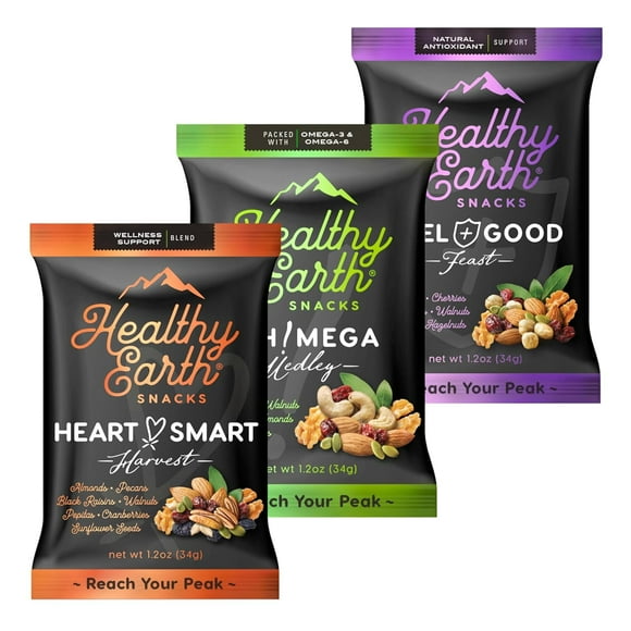 Healthy Earth Snacks 3 Flavors Variety Pack, 24 Count | Mixed Nuts & Dried Fruits Gourmet Snacks, Gluten-Free | 5 Packets Per Flavor: Heart Smart Harvest, Feel Good Feast, & Oh! Mega Medley (816g)