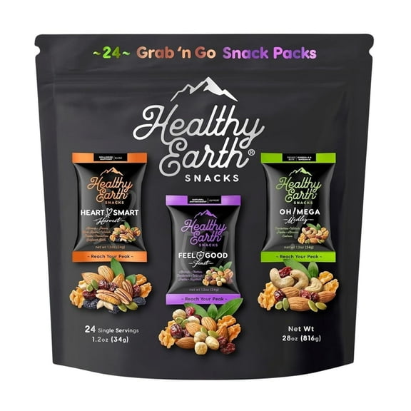 Healthy Earth Snacks 3 Flavors Variety Pack, 24 Count - Mixed Nuts & Dried Fruits Gourmet Snacks, Gluten-Free - 8 Packets Per Flavor: Heart Smart Harvest, Feel Good Feast, & Oh! Mega Medley (816g)