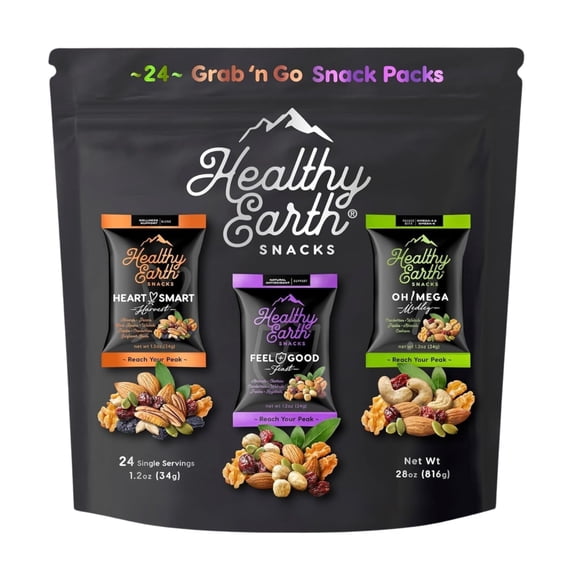 Healthy Earth Snacks 3 Flavors Variety Pack, 24 Count | Mixed Nuts & Dried Fruits Gourmet Snacks, Gluten-Free | 8 Packets Per Flavor: Heart Smart Harvest, Feel Good Feast, & Oh! Mega Medley (816g)