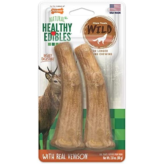 Healthy Edibles WILD Natural Dog Chew Treats for Large Dogs, Long Lasting Dog Healthy Chew Antler Bone Made in USA, Venison Flavor, For Dogs Up to 50 lbs. (2 Count)