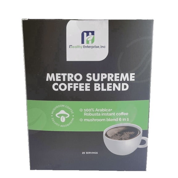 Healthy Enterprise, Inc. Supreme Blend Mushroom Coffee Naturally Caffeinated Medium-Dark Roast Roasted Flavor 25 Servings Box