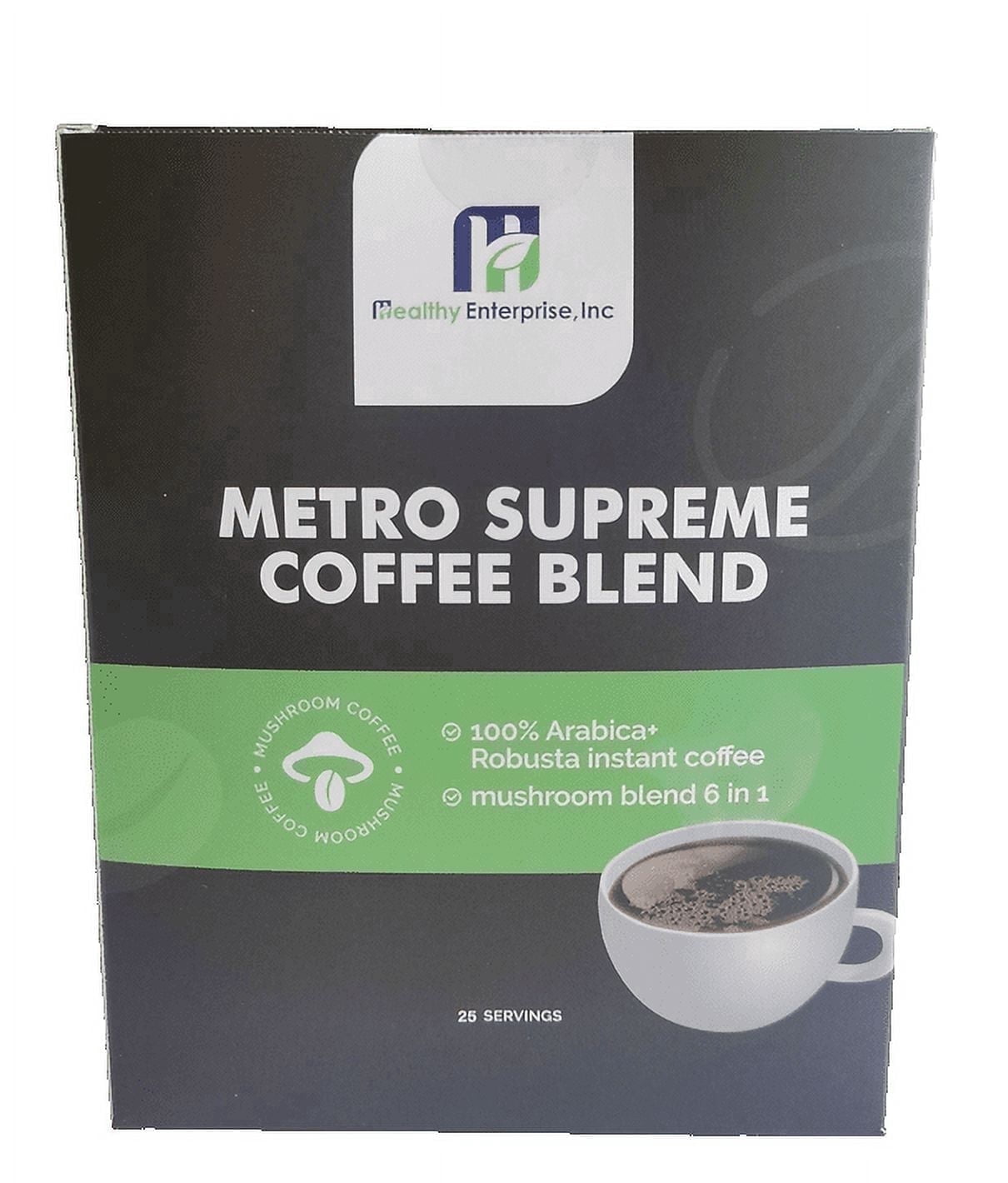 Healthy Enterprise, Inc. Supreme Blend Mushroom Coffee Naturally Caffeinated Medium-Dark Roast Roasted Flavor 25 Servings Box